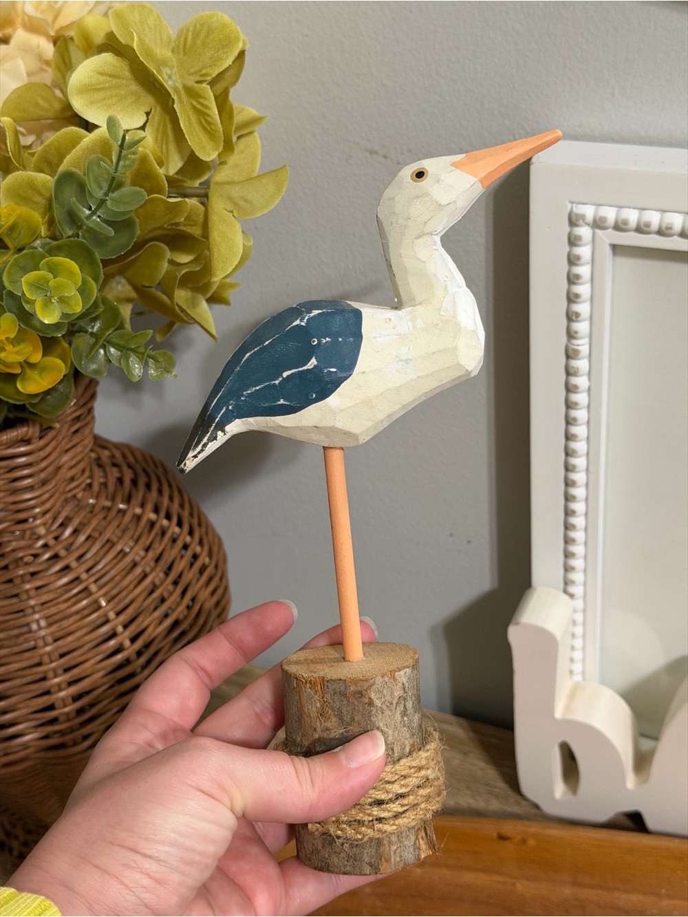 Vintage Wooden Bird Nautical Coastal Beach Blue and White